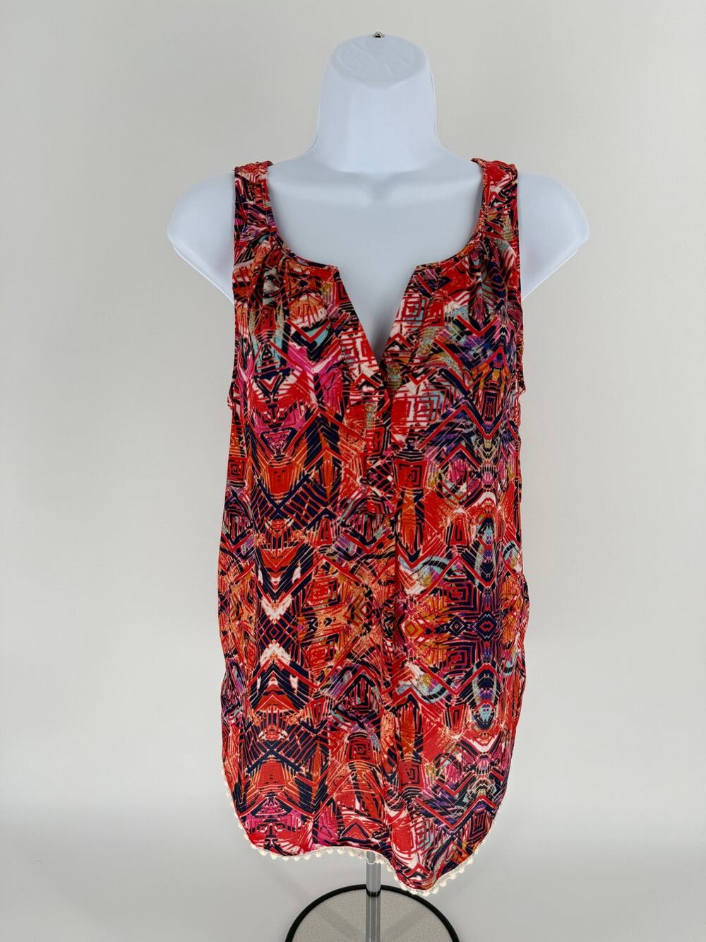 Three Pink Hearts Trixxi XS Coral Aztec Geometric Split Neck Sleeveless Tank Top